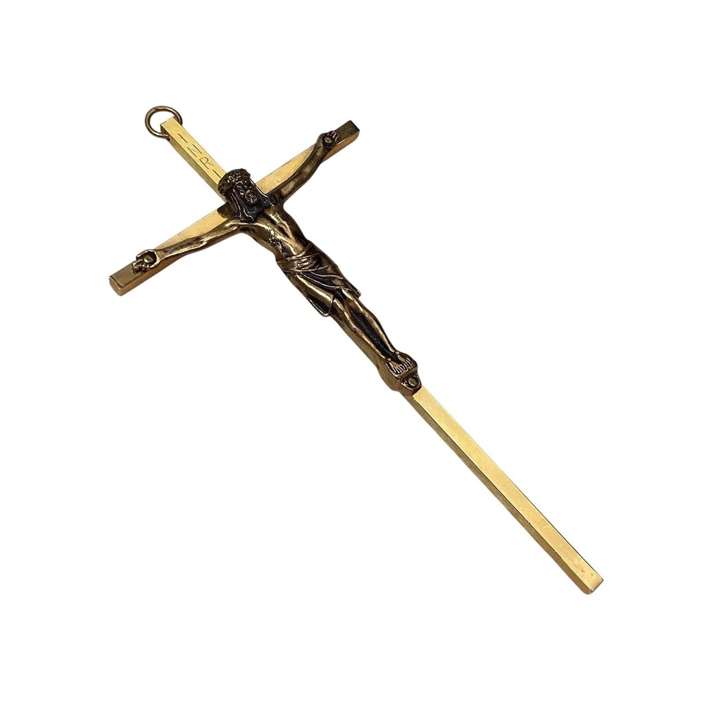 Vintage Crucifix Jesus‎ Christ INRI Religious Wall Hanging Bronze Tone 7"x3.5"